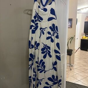 Blue & White Maxi Dress with Bold Leaf Print